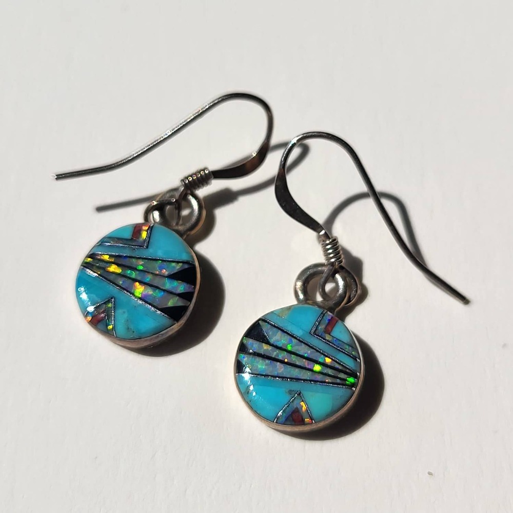 Vintage Native Sterling Silver Turquoise Fire Opal Inlay Drop Earrings Blue
